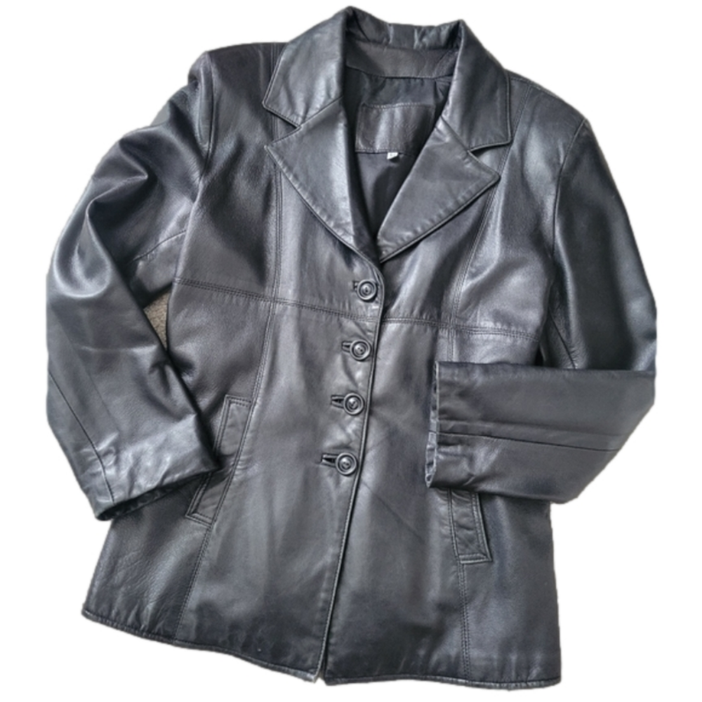 Vintage Le Village De Cuir Black Leather Blazer Jacket sz L - Great Condition